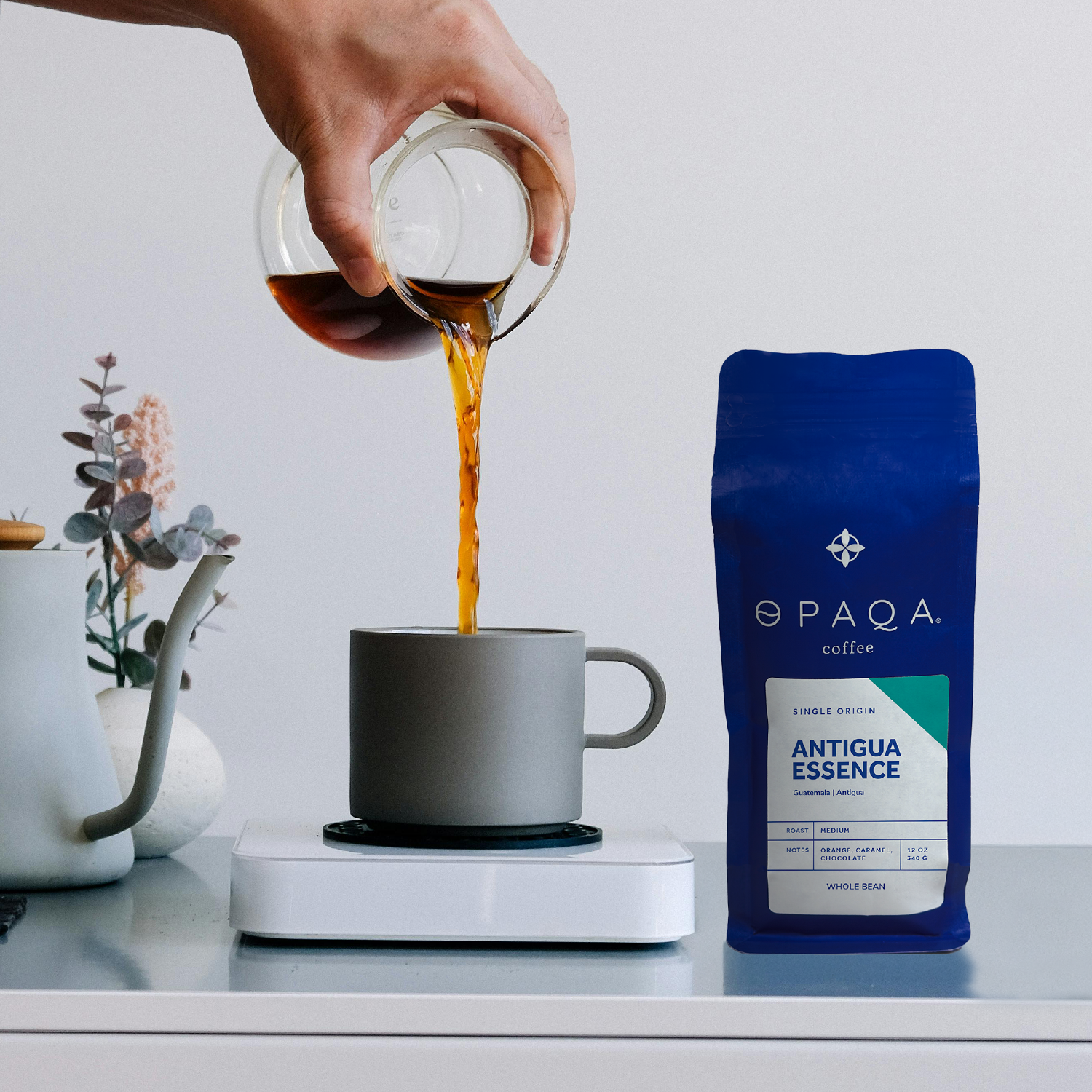 Freshly brewed Opaqa Antigua Essence in a cup