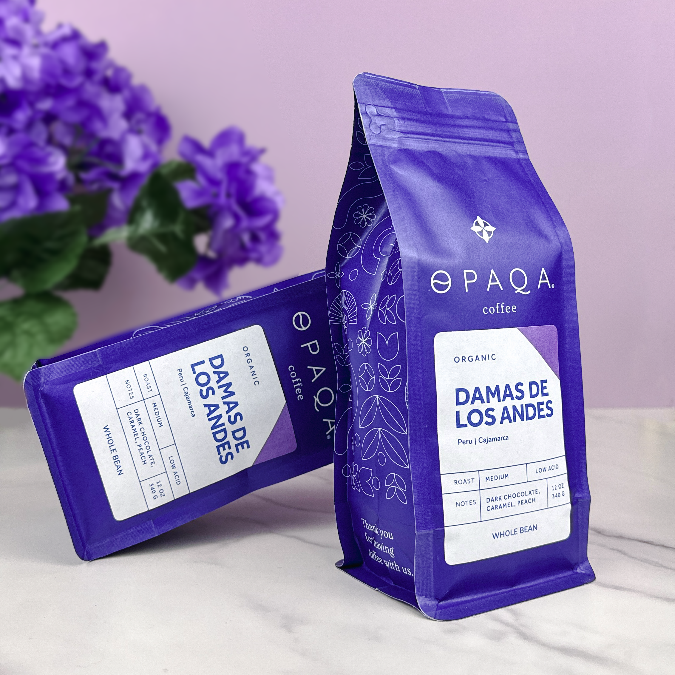 Dama de Los Andes coffee bag with vibrant packaging, surrounded by fresh coffee beans and a warm brew, highlighting its rich aroma and smooth flavor.