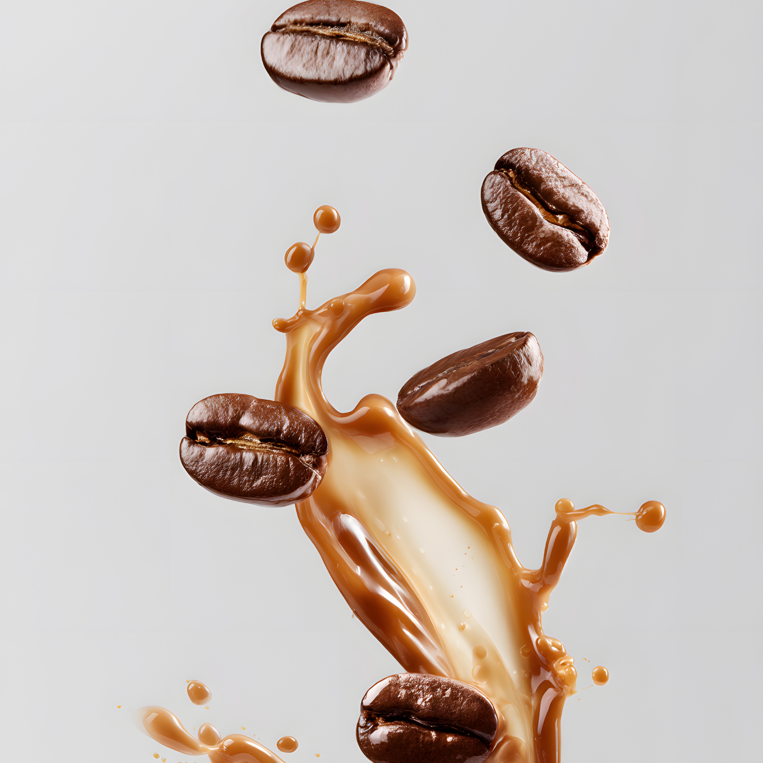 roasted coffee beans and coffee liquid flying in the air