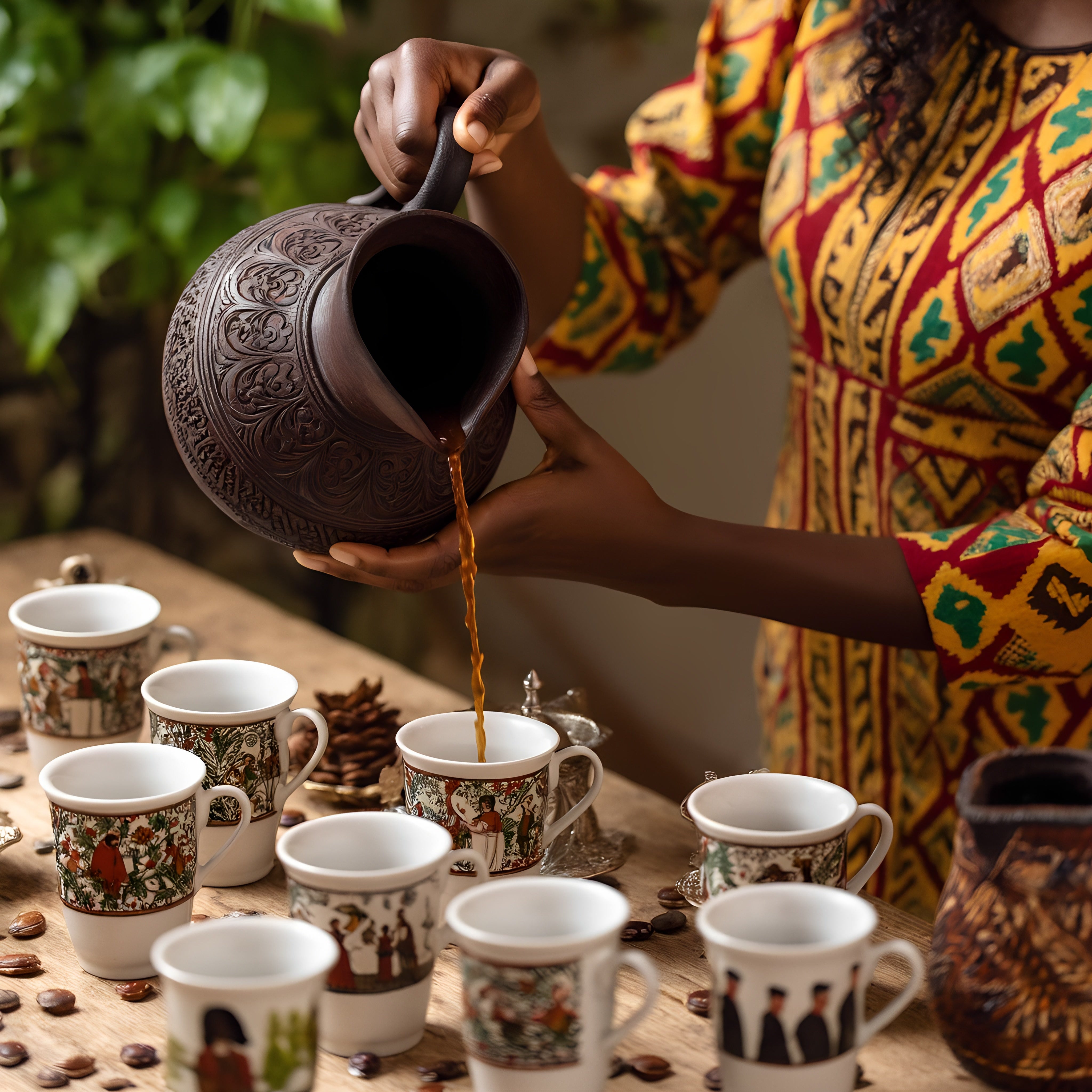 Ethiopian coffee ceremony with traditional jebena, incense, and cups