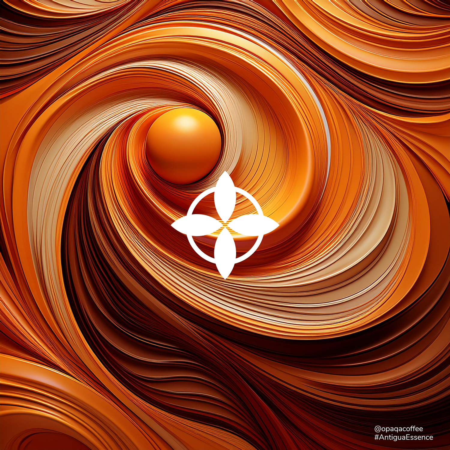 Abstract art inspired by Antigua Essence coffee, with warm golden tones symbolizing caramel and chocolate