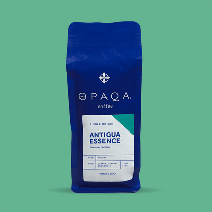 Antigua Essence coffee bag by Opaqa Coffee, highlighting single-origin beans from Guatemala with a green accent