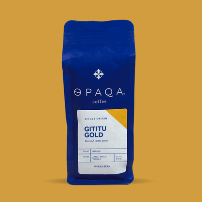 Gititu Gold coffee bag by Opaqa Coffee, featuring Kenyan AA beans with a bold yellow accent