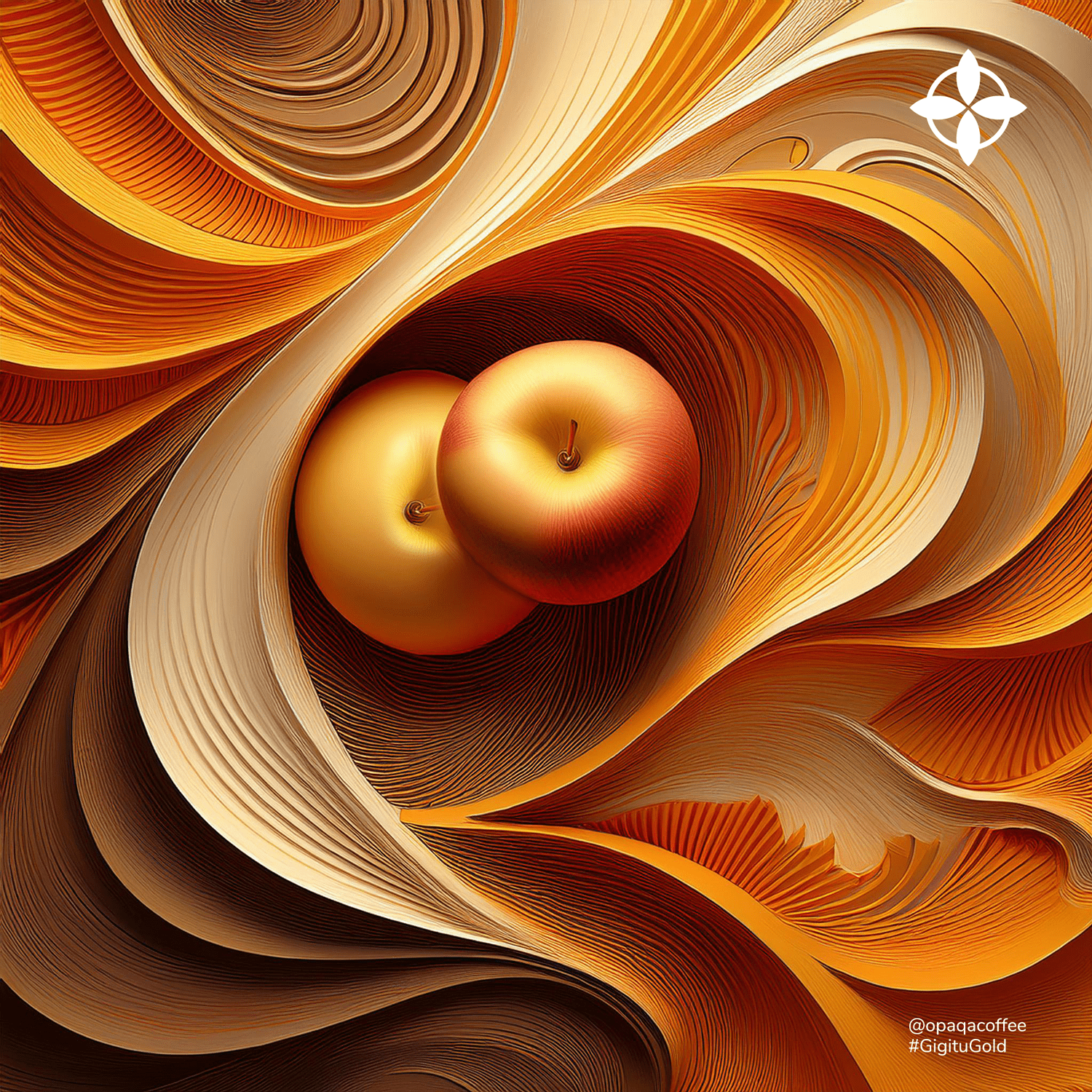 Abstract art inspired by Gititu Gold coffee, with golden swirls and apple shapes evoking fruity and warm notes