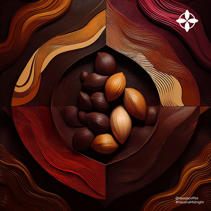 Abstract art inspired by Havana Midnight coffee, with deep brown and red hues representing chocolate and tobacco notes