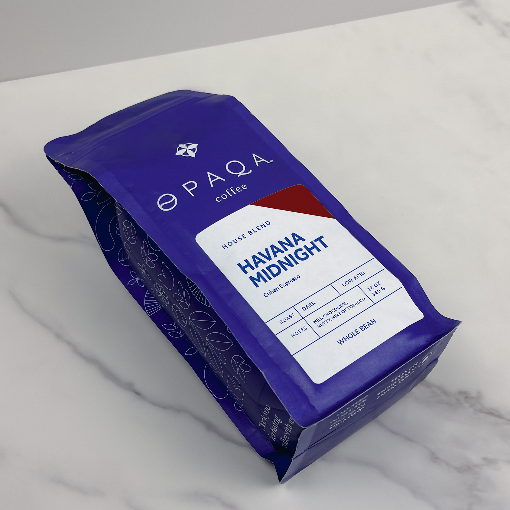 Havana Midnight coffee bag on a marble surface, showcasing dark roast Cuban espresso blend