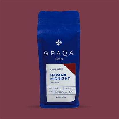 Havana Midnight coffee bag by Opaqa Coffee, featuring low-acid dark roast with red accents