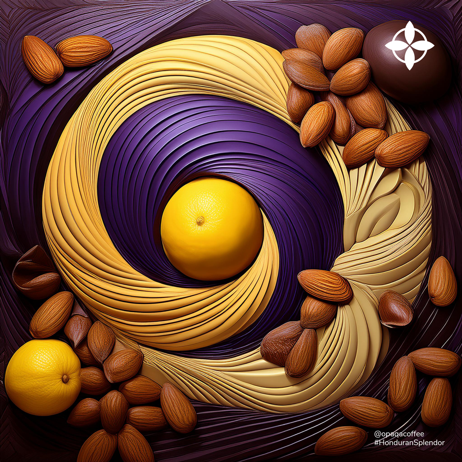 Abstract swirl of Honduran Splendor flavors: dark chocolate richness, almond smoothness, lemon brightness