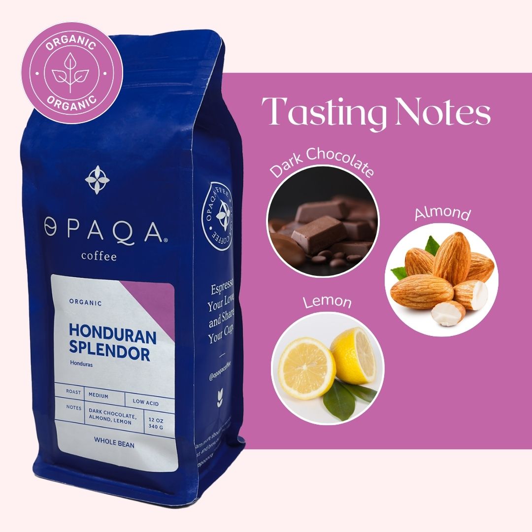 organic coffee with rich notes of dark chocolate, toasted almond, and a bright hint of lemon
