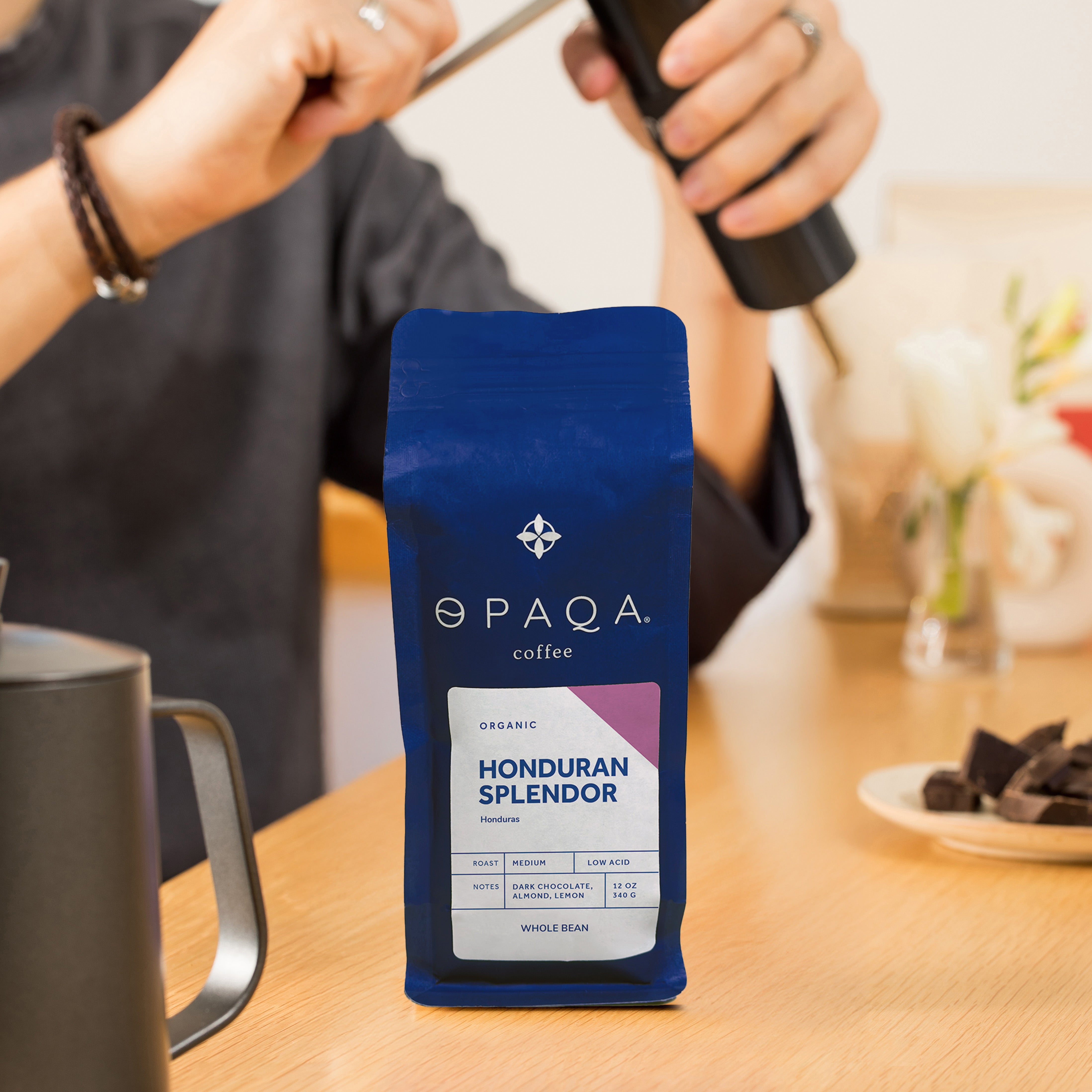 Honduran Splendor coffee being grinding in the background