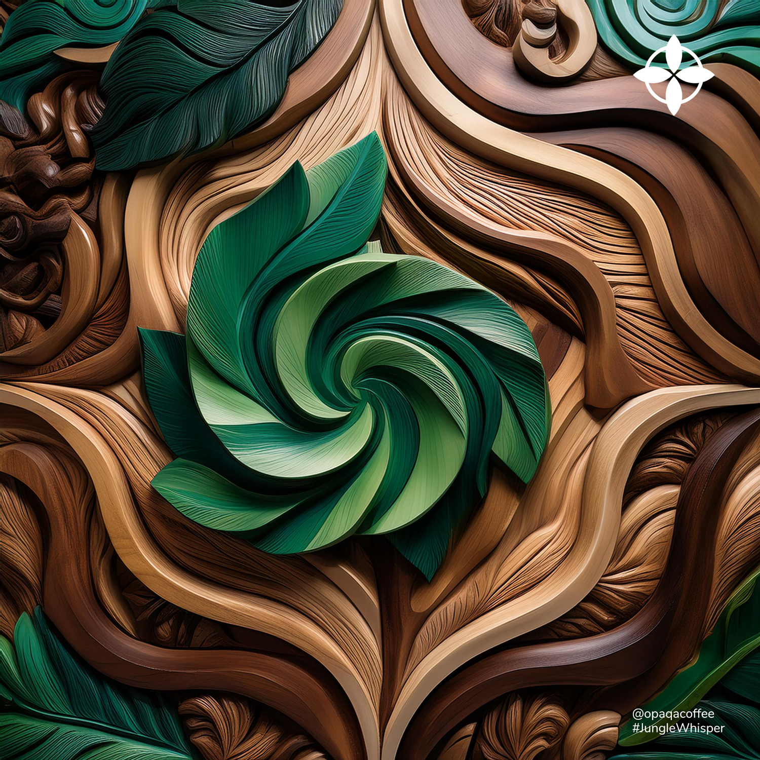 Jungle Whisper inspired artwork featuring green and earthy tones, evoking Sumatra's lush landscapes and coffee origins