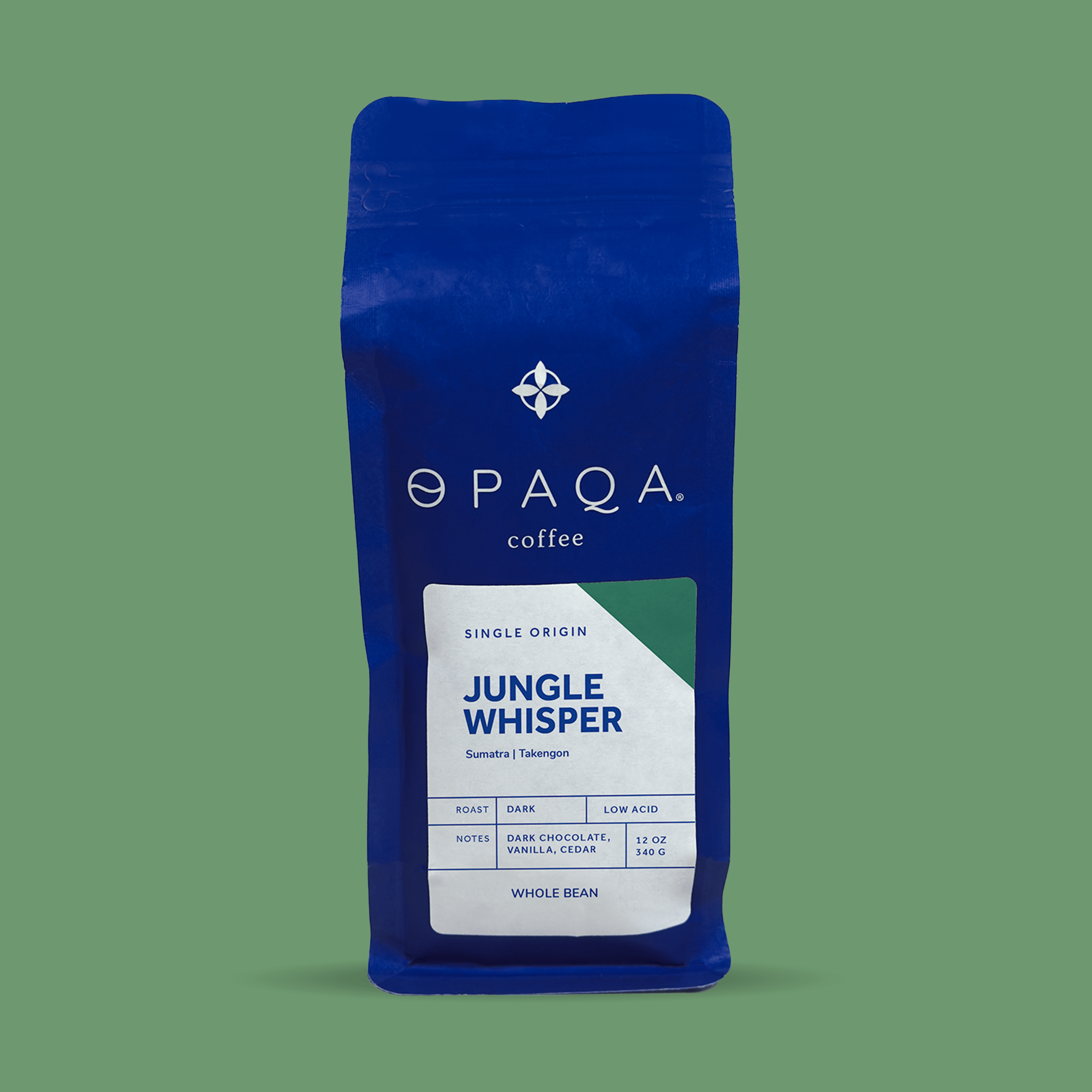 Jungle Whisper coffee bag, single origin from Sumatra, showcasing notes of dark chocolate, vanilla, and cedar