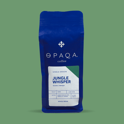 Jungle Whisper coffee bag, single origin from Sumatra, showcasing notes of dark chocolate, vanilla, and cedar