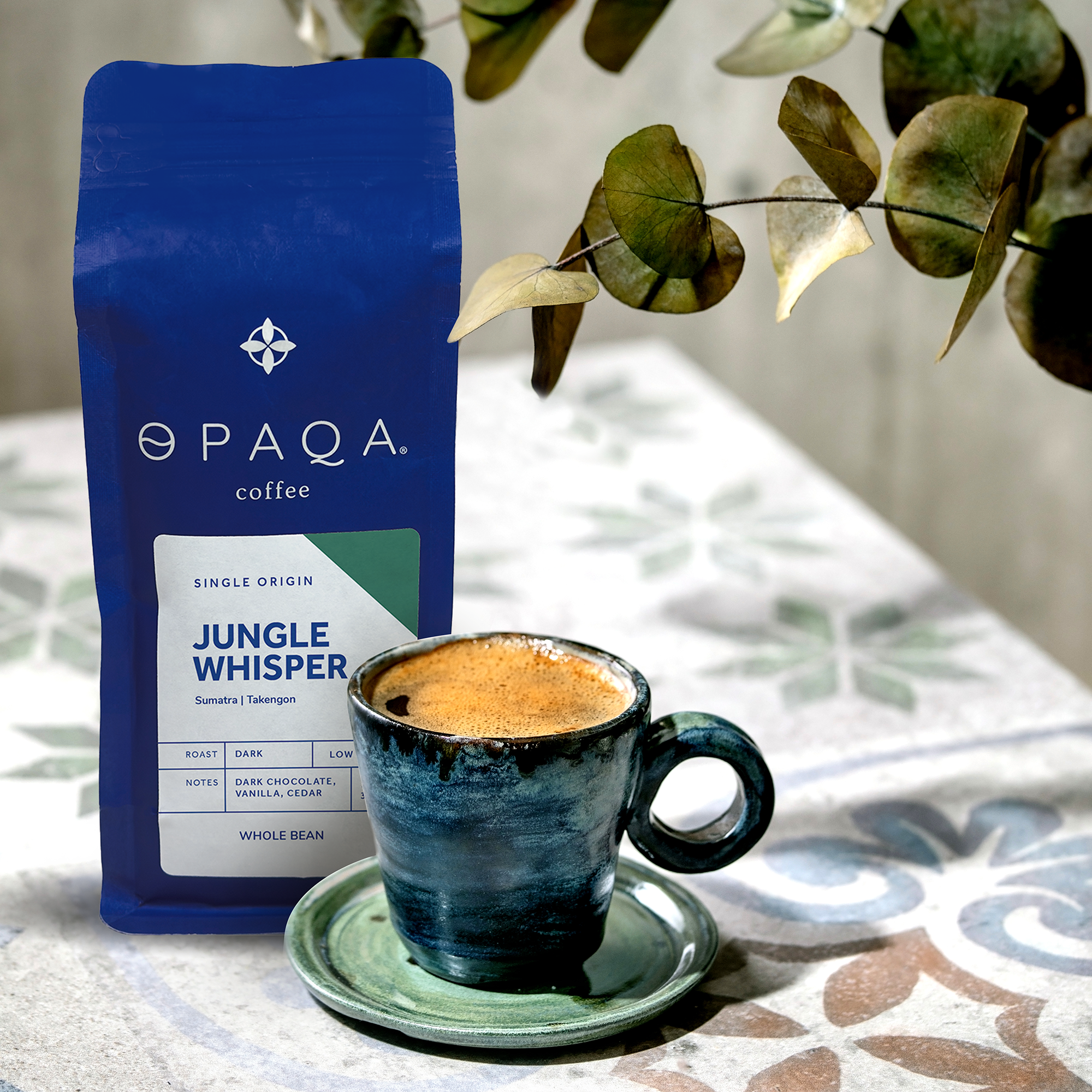 Jungle Whisper coffee with a ceramic cup of espresso, surrounded by greenery for a natural Sumatra vibe