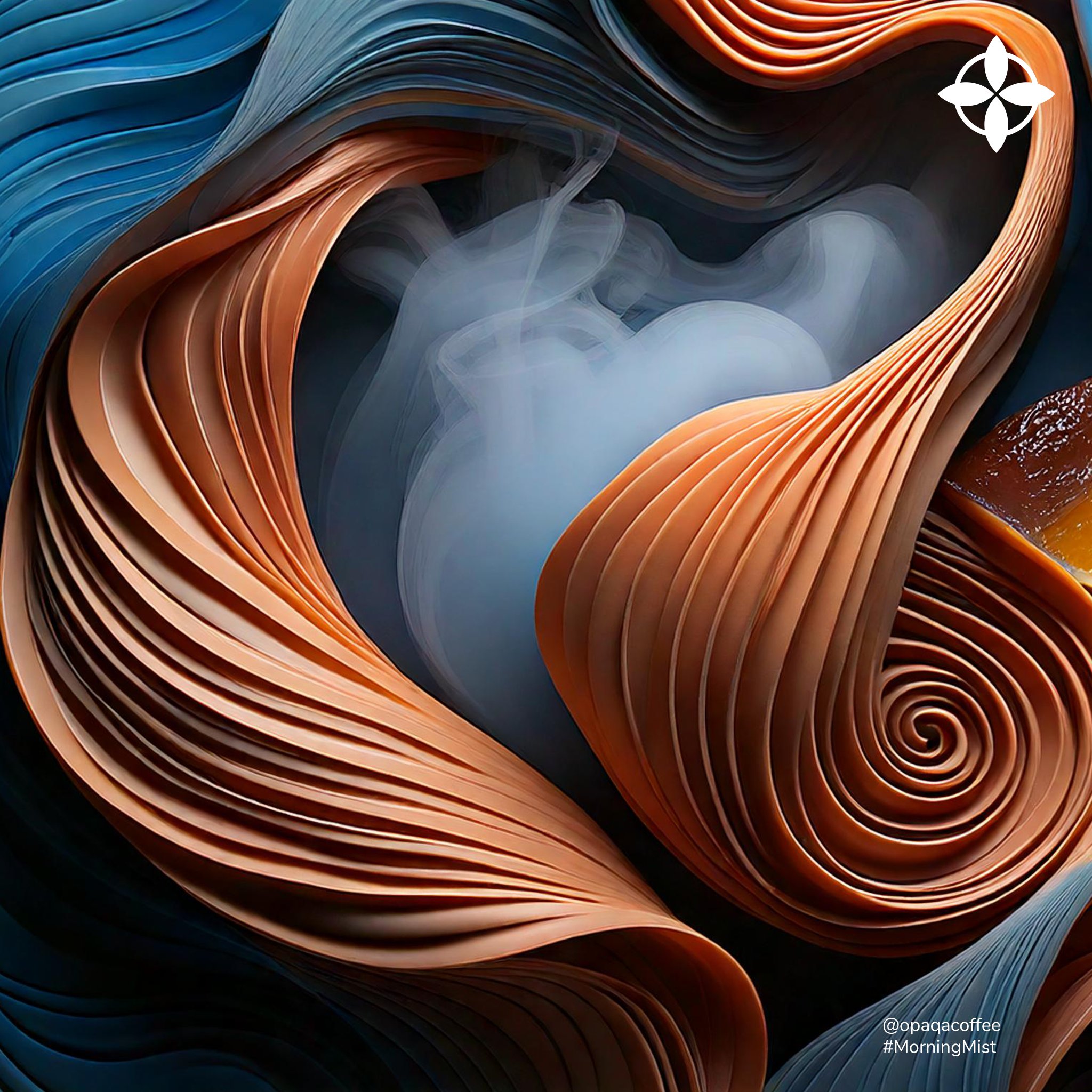 Abstract art inspired by Morning Mist coffee, with flowing cacao, walnut, and caramel tones