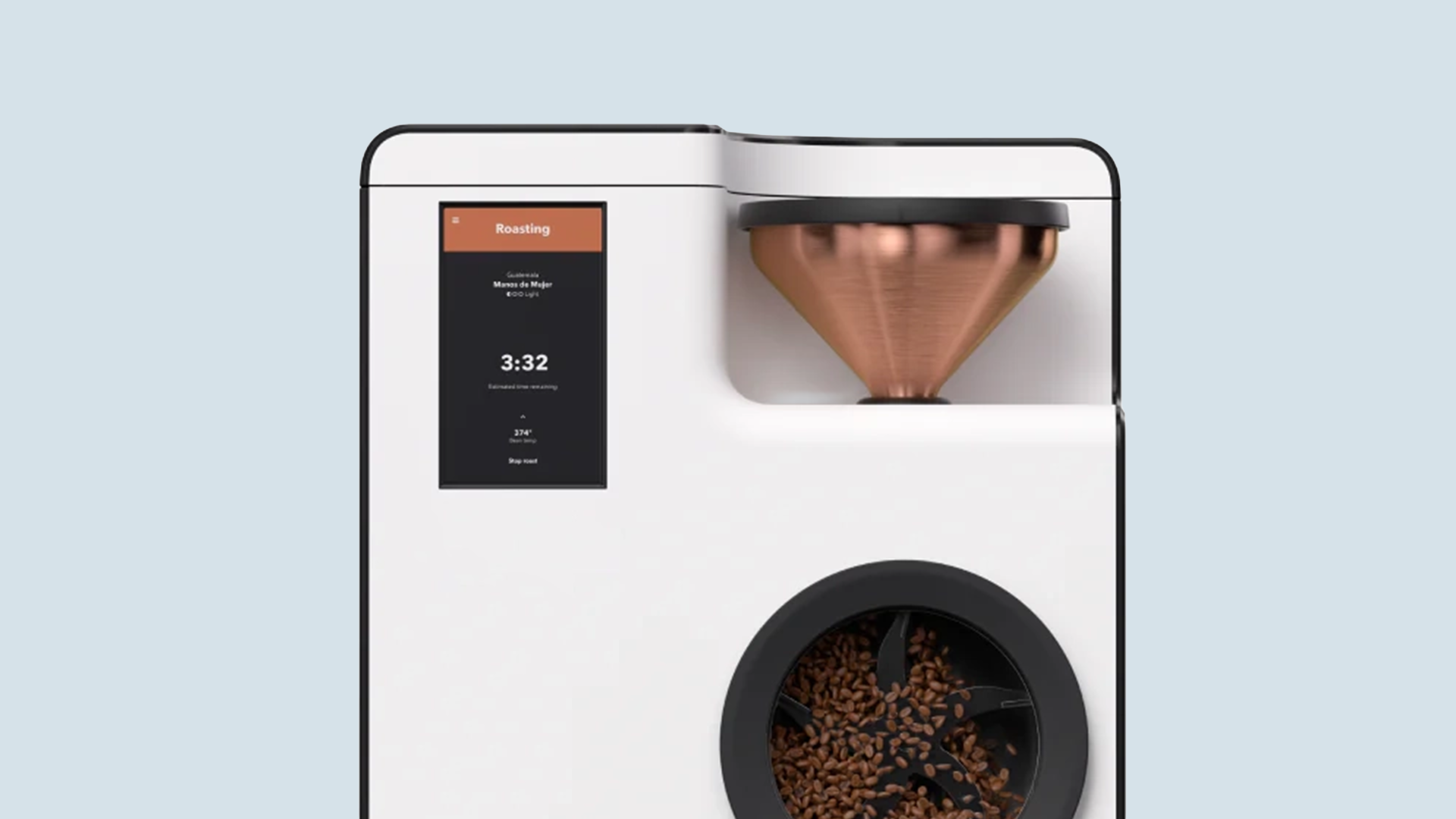 Modern coffee brewing device with digital display on a light blue background