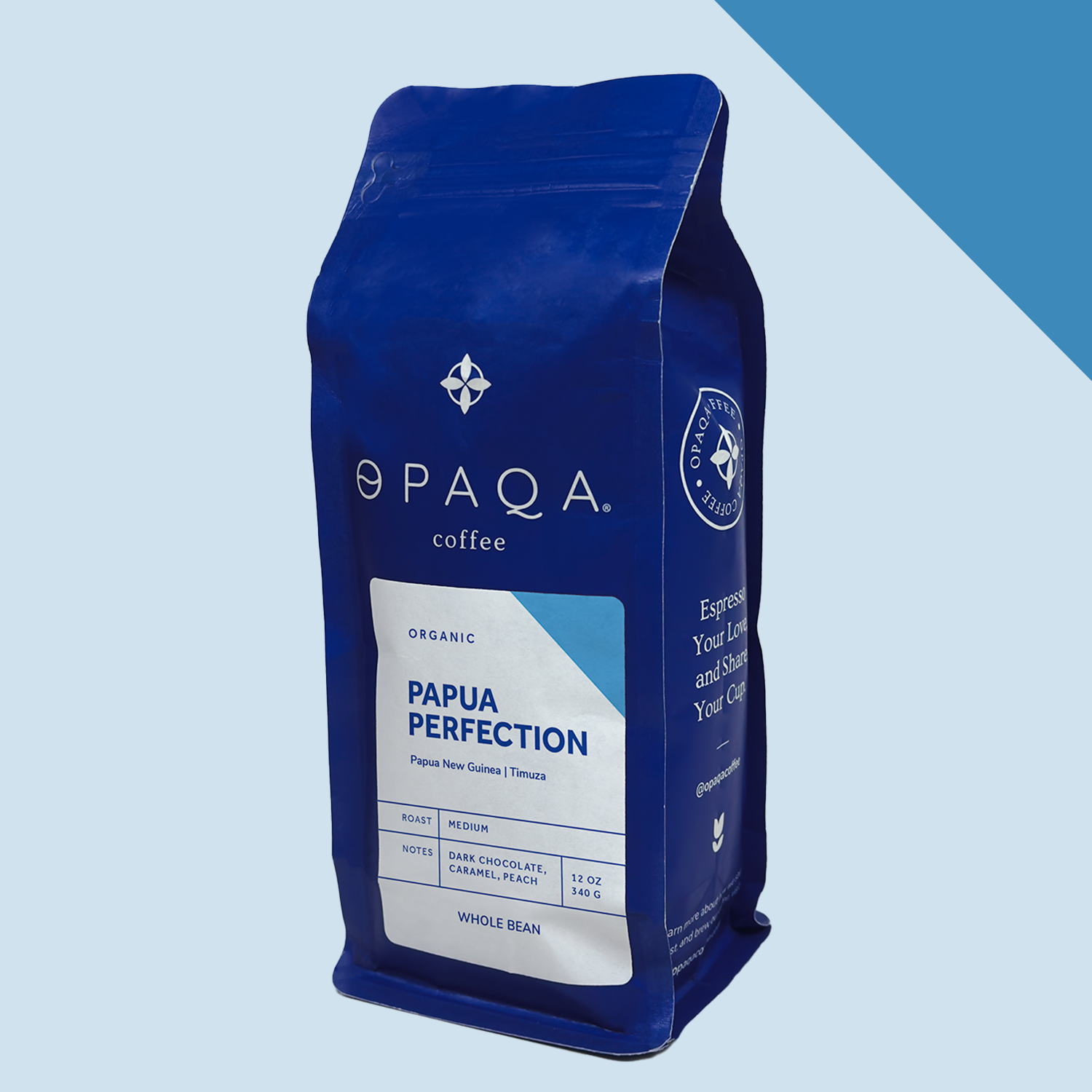 Blue Opaqa coffee bag on a light blue background